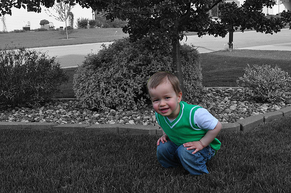 Mason by front tree CinBW